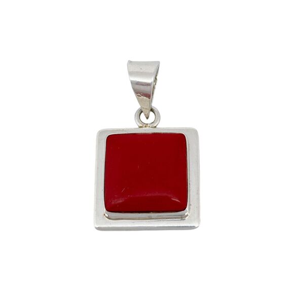 Square Red Enamel Pendant | Mexico Sterling Silver 925 - Picture 2 of 7